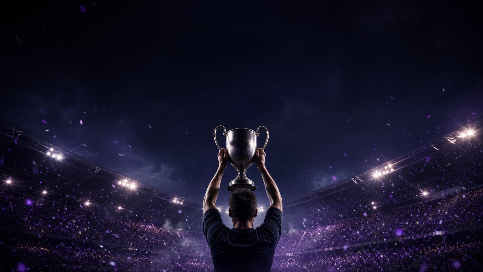 Futbolista ficticio levantando una copa en un estadio iluminado de violeta